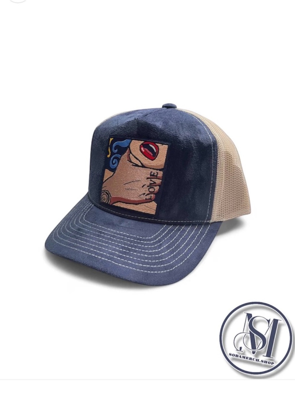 Men's/Women’s  Navy and Tan Trucker Cap with Pop “Love” Pop art
